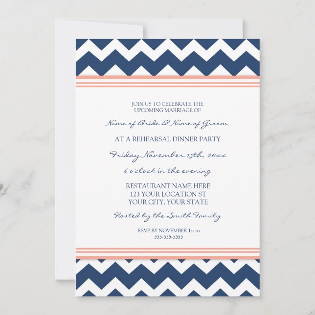 Coral Blue Chevron Rehearsal Dinner Party Invitation (Back)