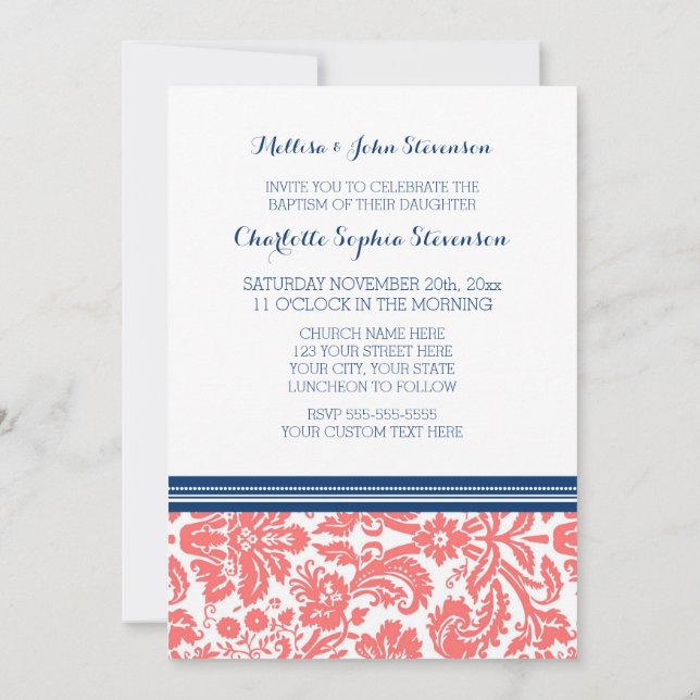 Coral Blue Damask Baptism Invitation (Back)