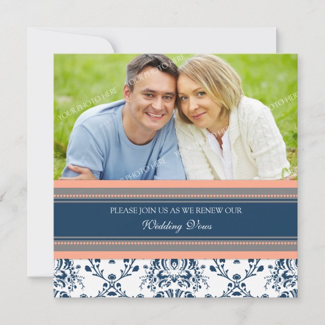 Coral Blue Damask Photo Wedding Vow Renewal Invitation (Front)