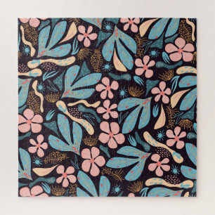 Coral Blue Floral Dark Print Jigsaw Puzzle
