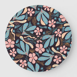 Coral Blue Floral Dark Print Large Clock