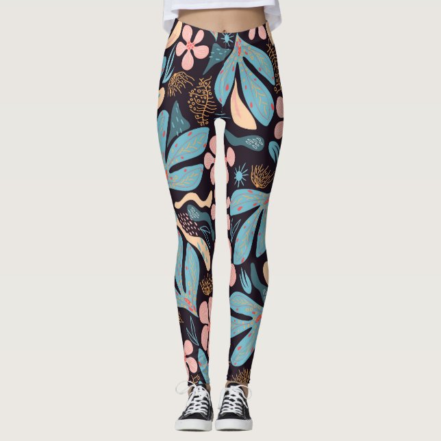 Coral Blue Floral Dark Print Leggings (Front)