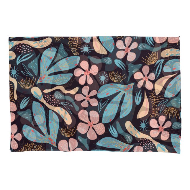 Coral Blue Floral Dark Print Pillowcase (Front)