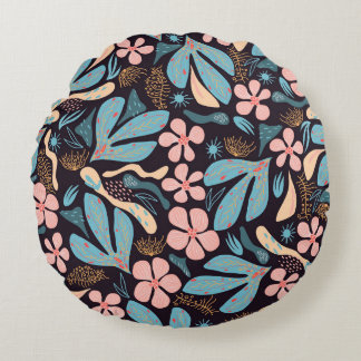 Coral Blue Floral Dark Print Round Cushion