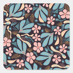 Coral Blue Floral Dark Print Square Sticker