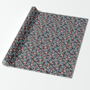 Coral Blue Floral Dark Print Wrapping Paper