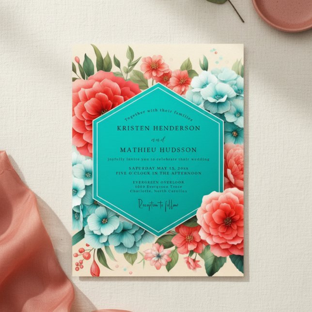 Coral Blue Floral Romance Wedding Invitation (Creator Uploaded)