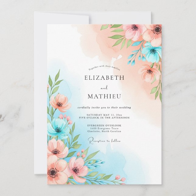 Coral Blue Floral Whimsy Wedding Invitation (Front)
