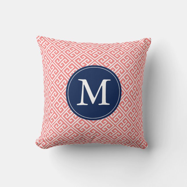 Coral Blue Greek Key Pattern Monogram Cushion (Front)