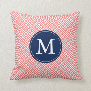 Coral Blue Greek Key Pattern Monogram Cushion