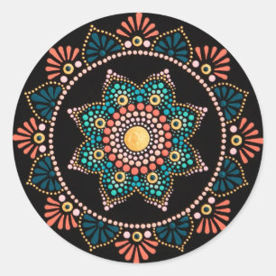 Coral Blue Mandala, Sacred Geometry Boho Ethnic Classic Round Sticker