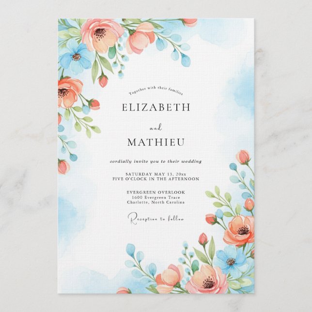 Coral Blue Painterly Bloom Wedding Invitation (Front)