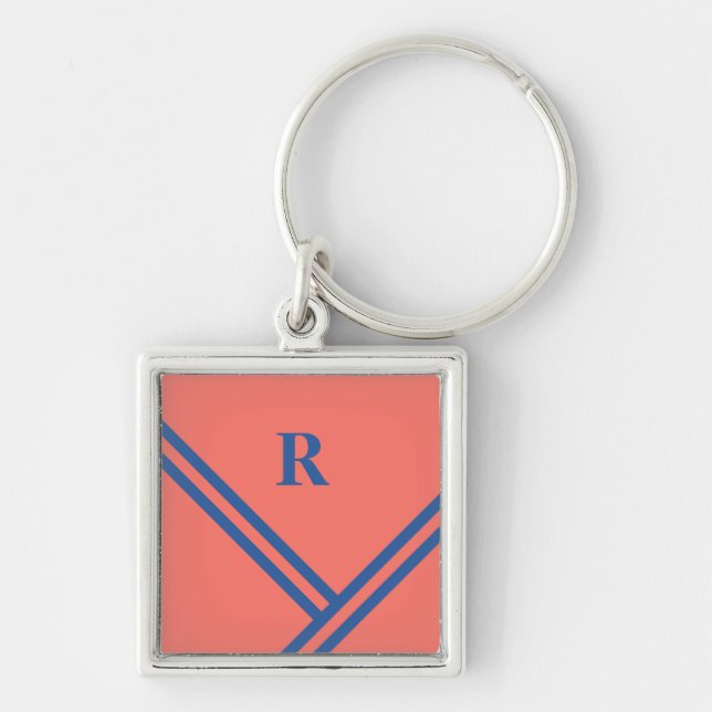 Coral Blue Stripes Trending Colours Monogram Key Ring (Front)