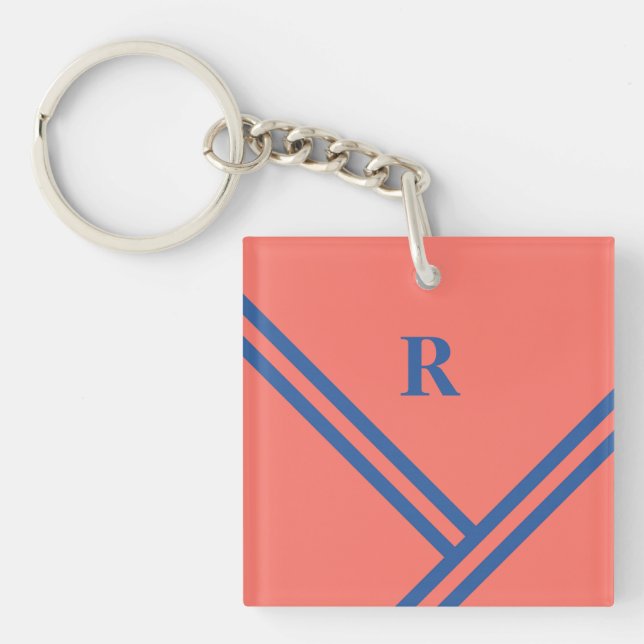 Coral Blue Stripes Trending Colours Monogram Key Ring (Front)