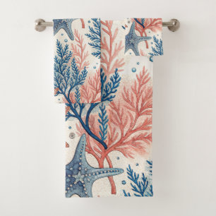 CORAL BLUE TAN STARFISH AND AQUATIC PLANTS BATH TOWEL SET