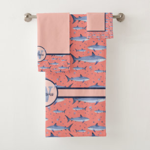 Coral & Blue Watercolor Monogram Shark Life Sea Bath Towel Set