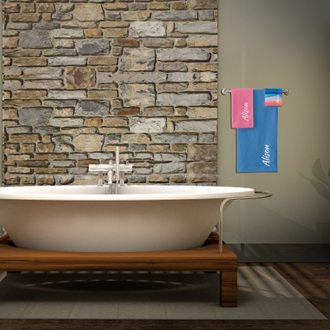 Coral blue wave abstract name bath towel set (Creator Uploaded)