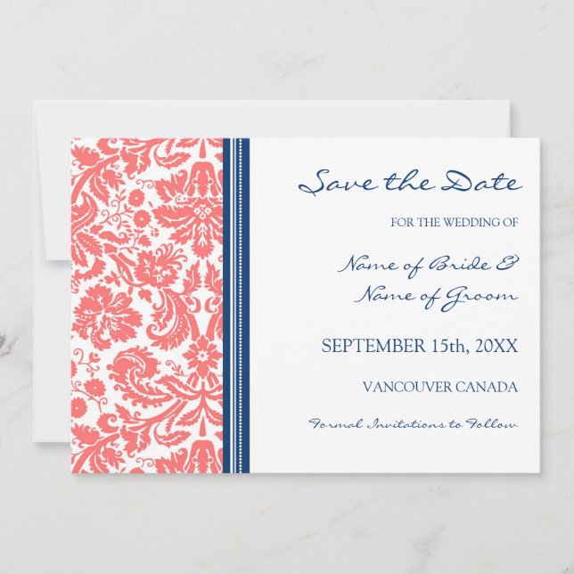 Coral Blue Wedding Save the Date Card (Front)