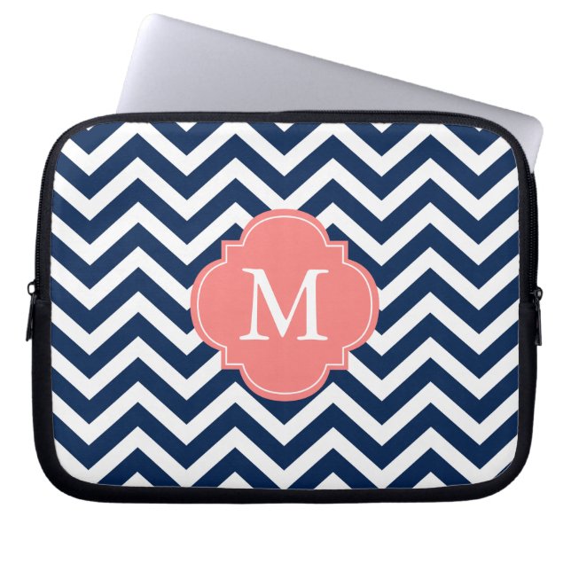 Coral & Blue Zigzags Pattern Monogram Laptop Sleeve (Front)