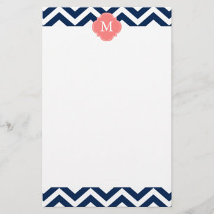 Coral & Blue Zigzags Pattern Monogram Stationery