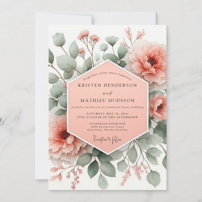 Coral Blush Botanical Bloom Wedding Invitation (Front)