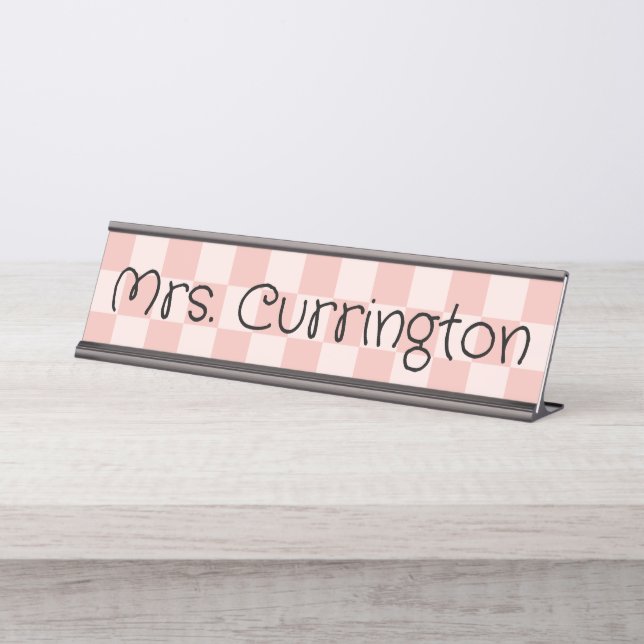 Coral Blush Chequered Teacher Desk Name Plate (Front)