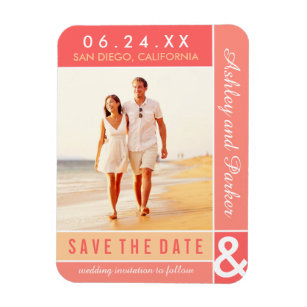 Coral Blush Colorblock Wedding Photo Save the Date Magnet