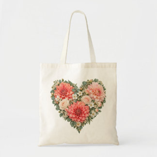 Coral Blush Dahlia Floral Heart Tote Bag