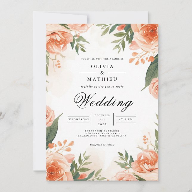 Coral Blush Floral Frame Wedding Invitation (Front)