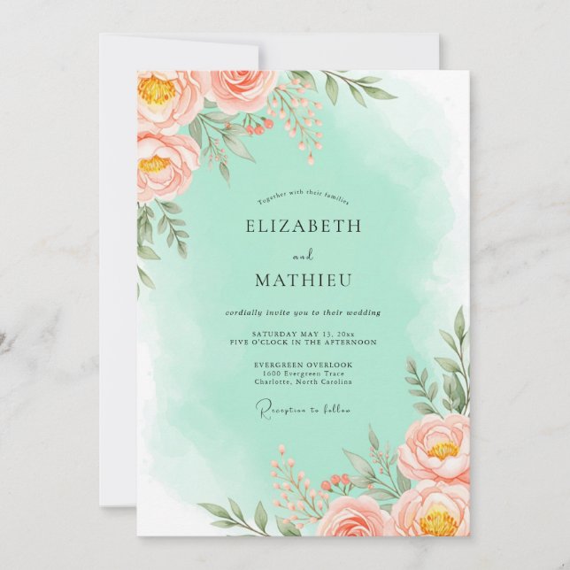 Coral Blush Floral Romantic Wedding Invitation (Front)