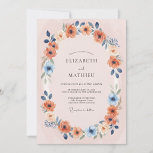 Coral Blush Floral Wreath Wedding Invitation