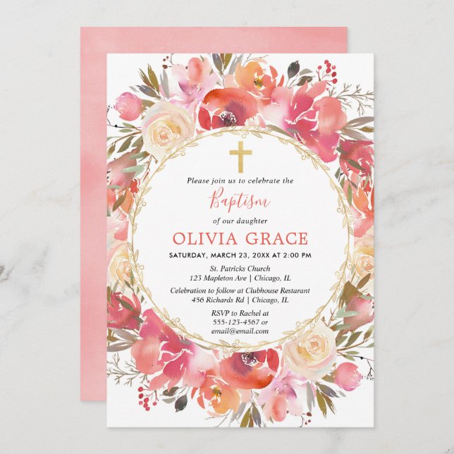 Coral blush pink Girl Baptism Invitation (Front/Back)