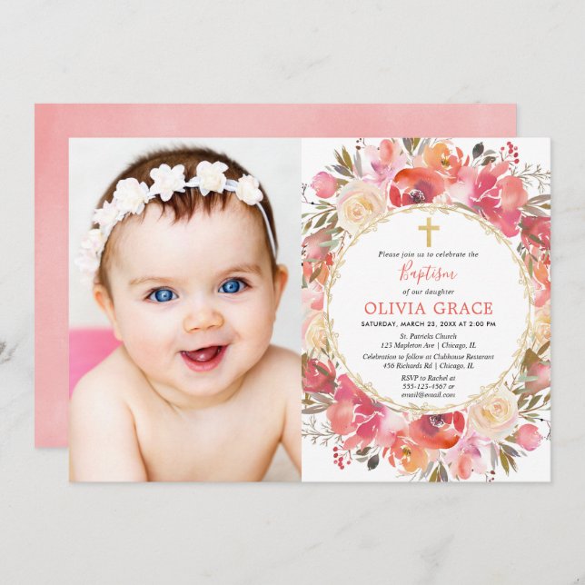 Coral blush pink Girl Baptism photo Invitation (Front/Back)