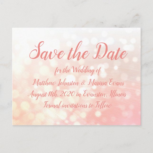 Coral Bokeh Personalised Save the Date Postcard (Front)