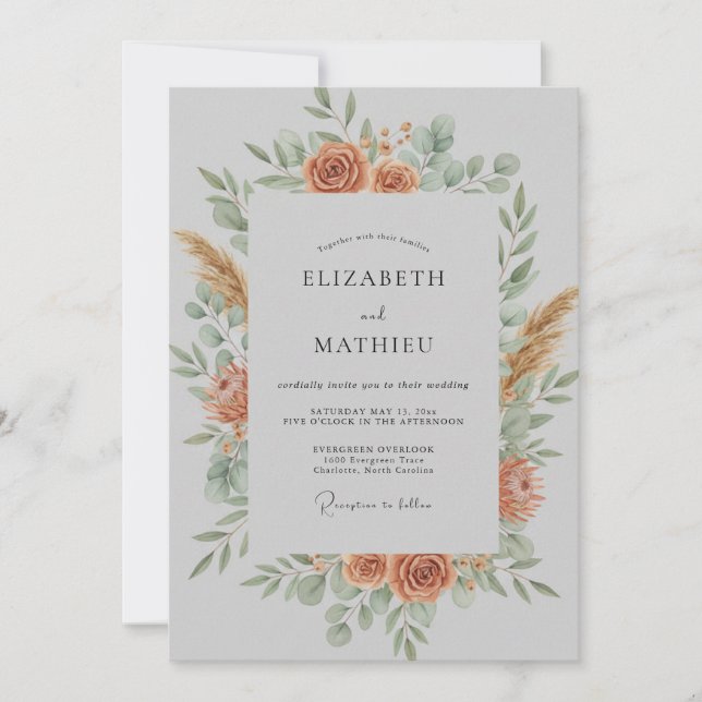 Coral Botanical Wreath Wedding Invitation (Front)