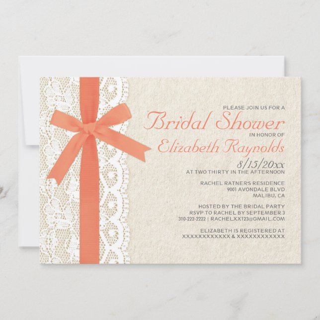Coral Bow & Lace Bridal Shower Invitations (Front)