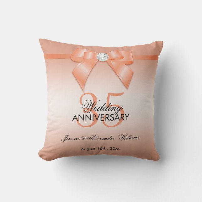 Coral Bow & Ribbon 35th Wedding Anniversary Cushion (Front)