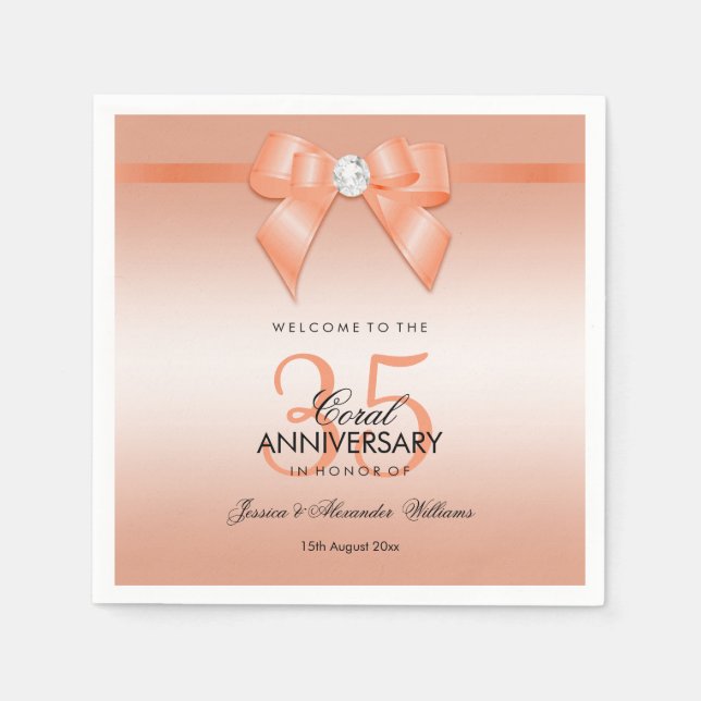 Coral Bow & Ribbon 35th Wedding Anniversary Napkin (Front)