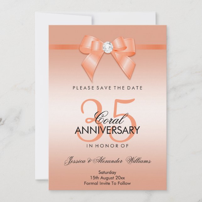 Coral Bow & Ribbon 35th Wedding Anniversary Save The Date (Front)