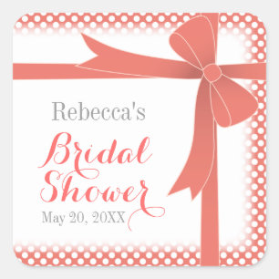 Coral Bow & White Dots Bridal Shower Square Sticker
