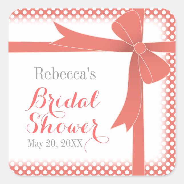 Coral Bow & White Dots Bridal Shower Square Sticker (Front)