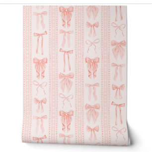 Coral Bows and Lace in Elegant Vertical Stripes Wallpaper