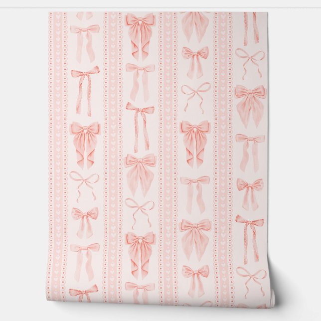 Coral Bows and Lace in Elegant Vertical Stripes Wallpaper (Unrolling)