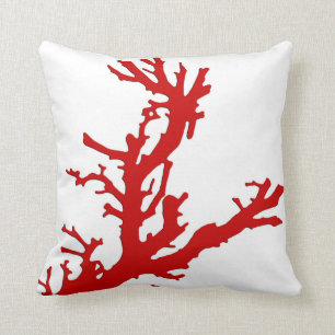 Coral branch - dark coral red and white cushion