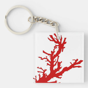 Coral branch - dark coral red and white key ring