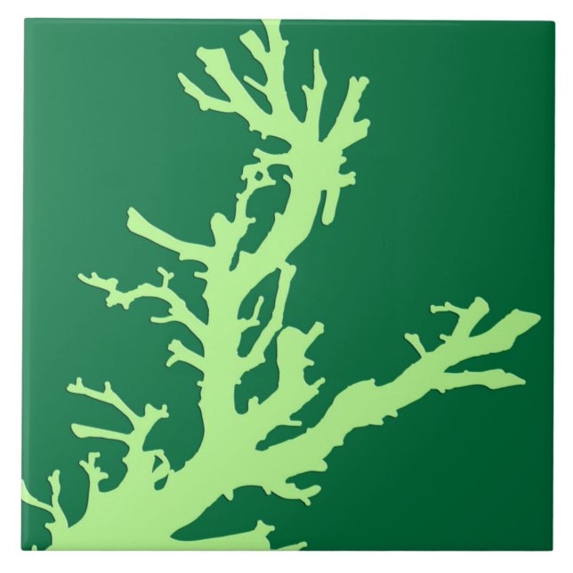 Coral branch - lime and emerald green ceramic tile (Front)