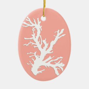 Coral Branch, White on Coral Pink Ceramic Ornament