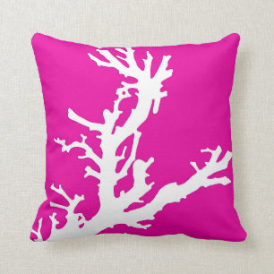Coral branch - white on fuchsia pink cushion