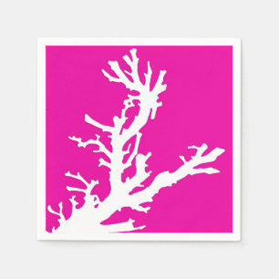 Coral branch - white on fuchsia pink napkin