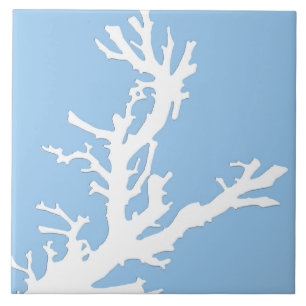 Coral branch - white on pale blue ceramic tile